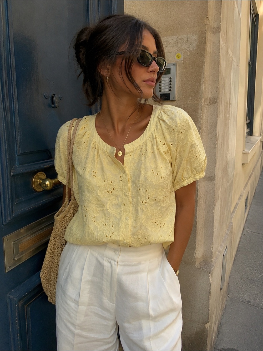 Calypso St. Barth Butter Yellow Eyelet Embroidered Cotton Blouse XL Cottagecore